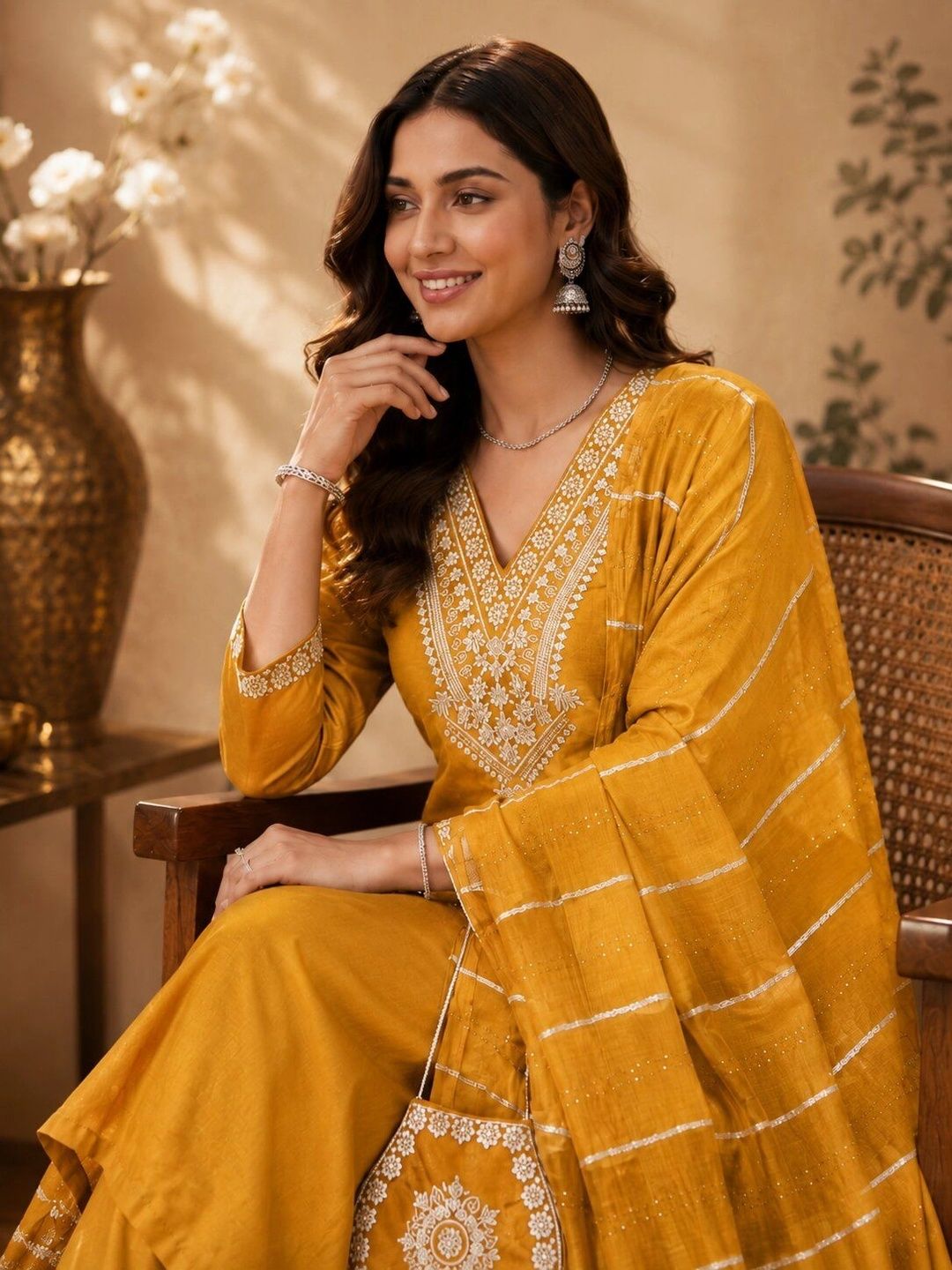 Women Ethnic Motifs Embroidered Regular Thread Work Pure Cotton Kurta with Trousers & With Dupatta 3
