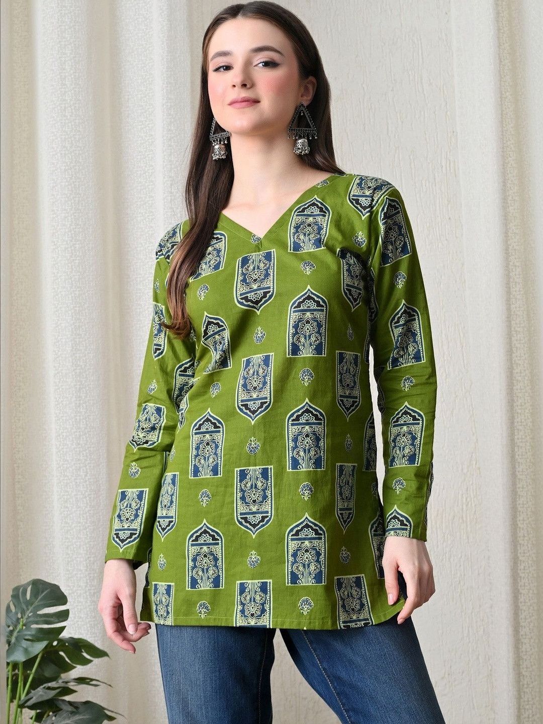 Anouk Ethnic Motifs Printed V-Neck Pure Cotton Blend Kurti