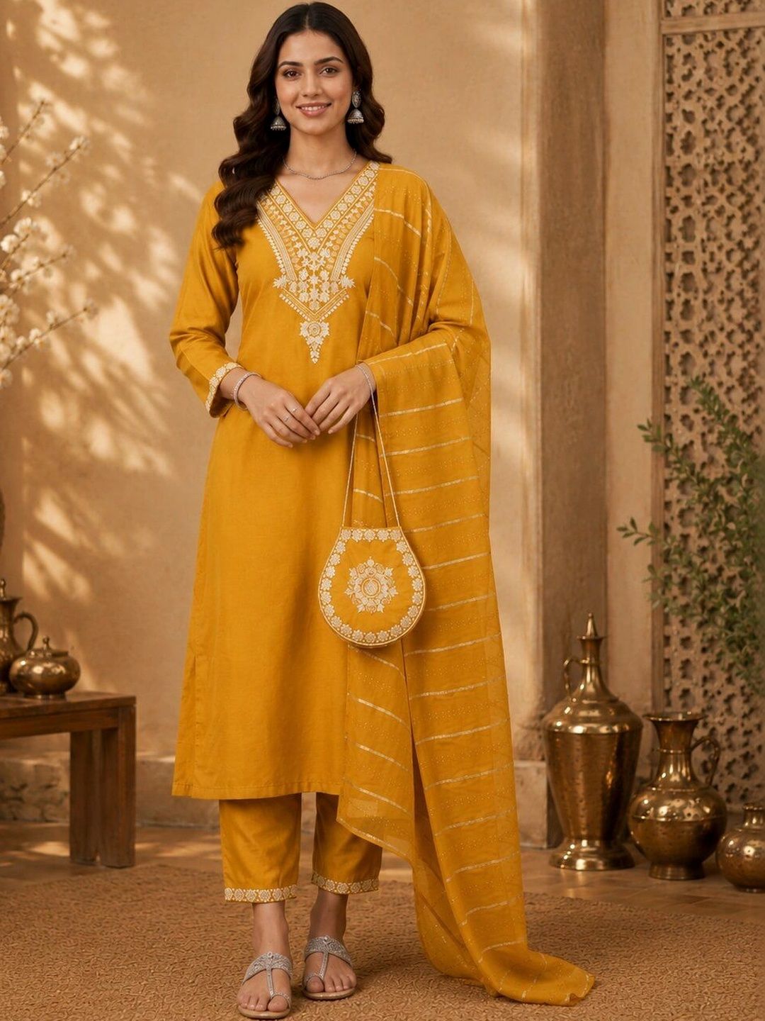 Women Ethnic Motifs Embroidered Regular Thread Work Pure Cotton Kurta with Trousers & With Dupatta