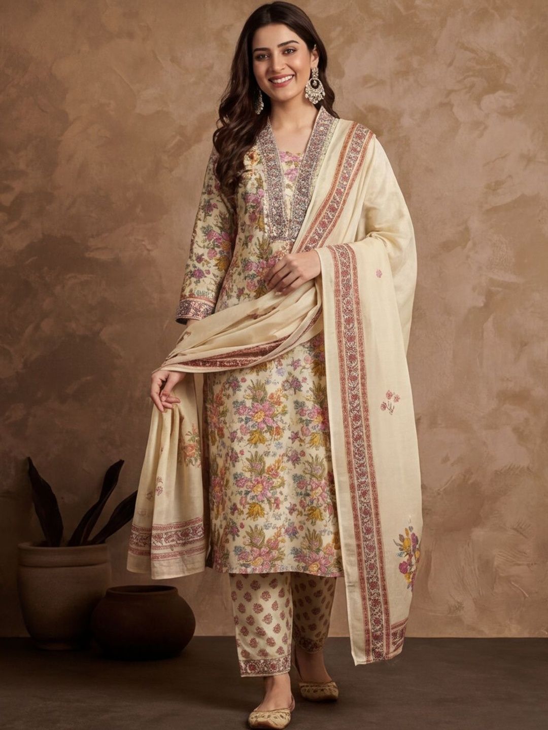 Anouk Women Floral Printed Regular Sequinned Pure Cotton Kurta with Trousers & With Dupatta