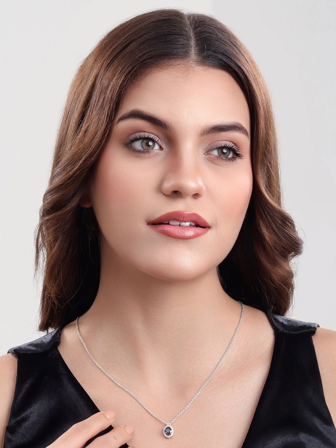 MALENA Silver-Plated Artificial Stones Studded Circular Pendant With Chain