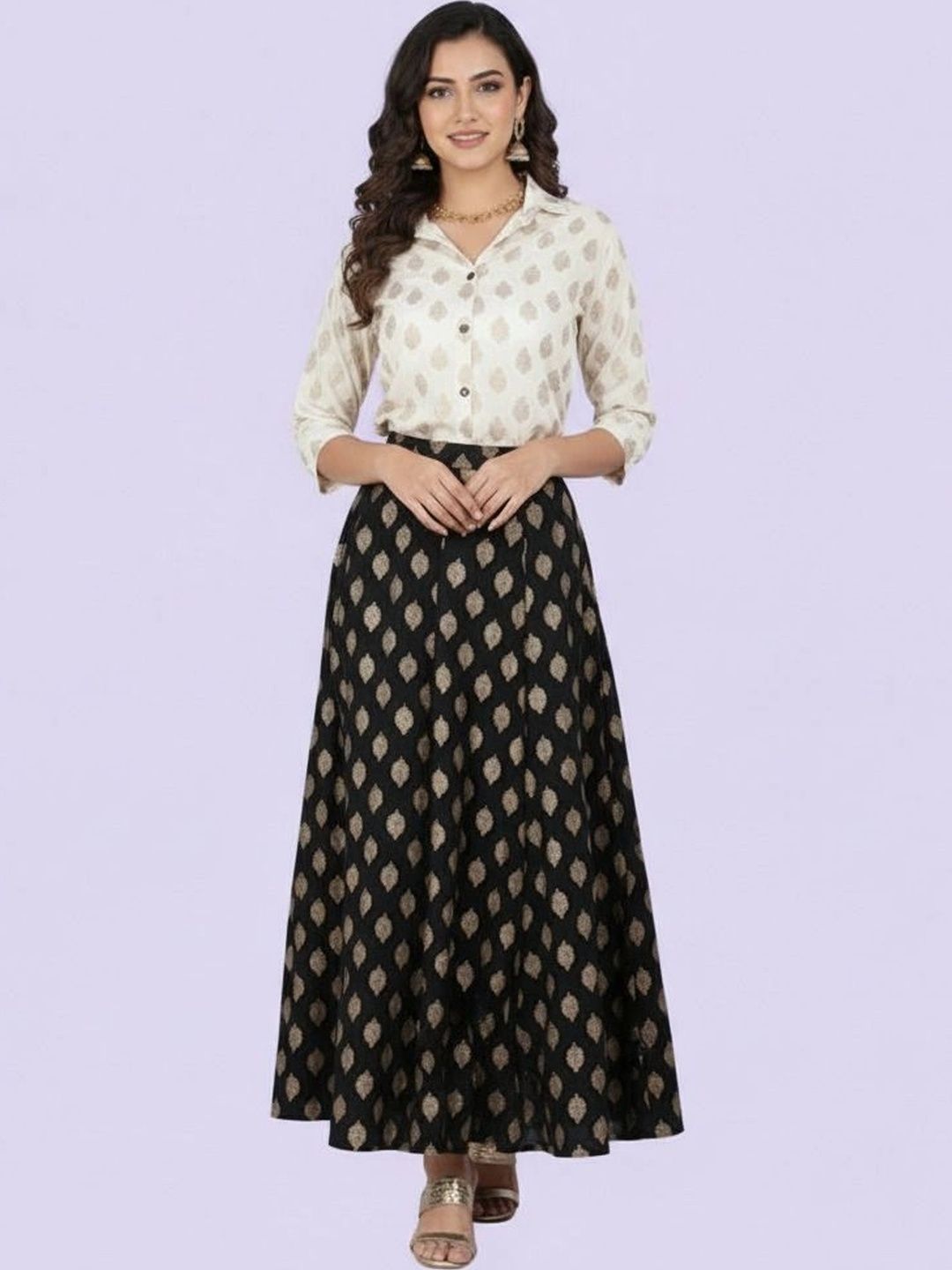TRUNESS Women Printed Shirt with Skirt