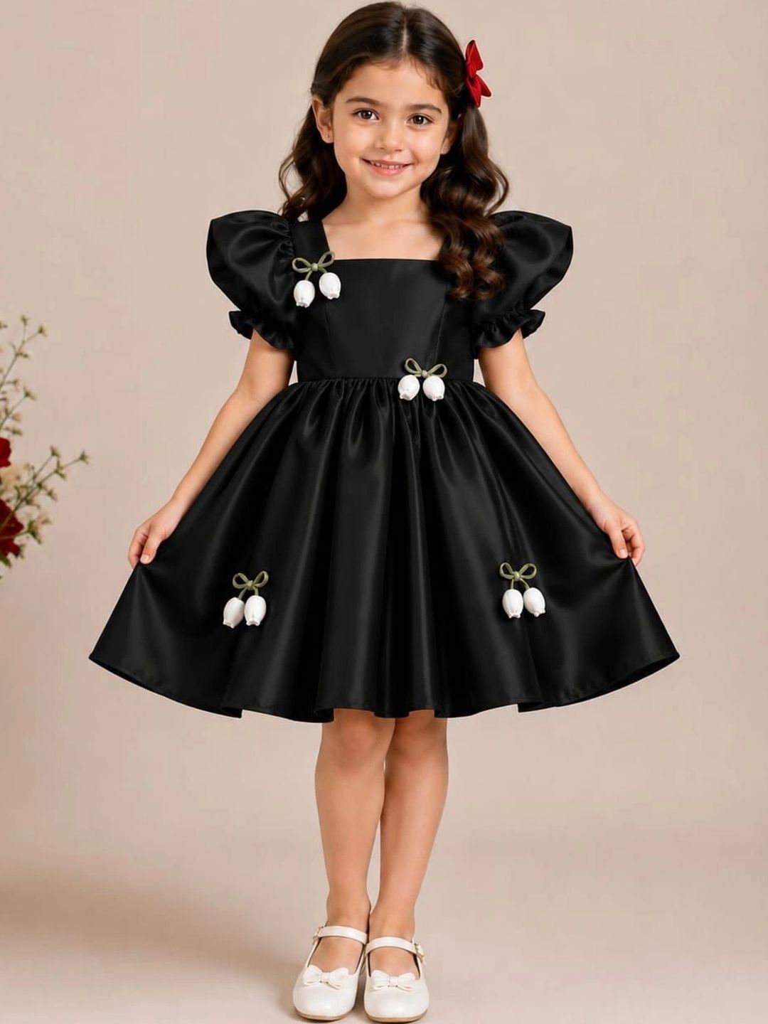 TILISM Puff Sleeve Applique Satin A-Line Dress