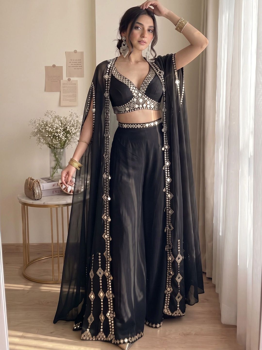STARLY Embellished Mirror Work V-Neck Crop Top Palazzos With Shrug Co-ords