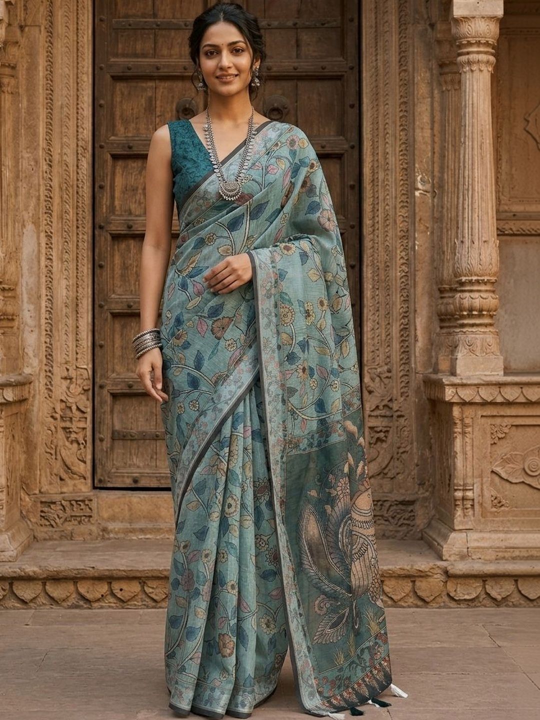 Anouk Kalamkari Cotton Blend Handloom Block Print Saree