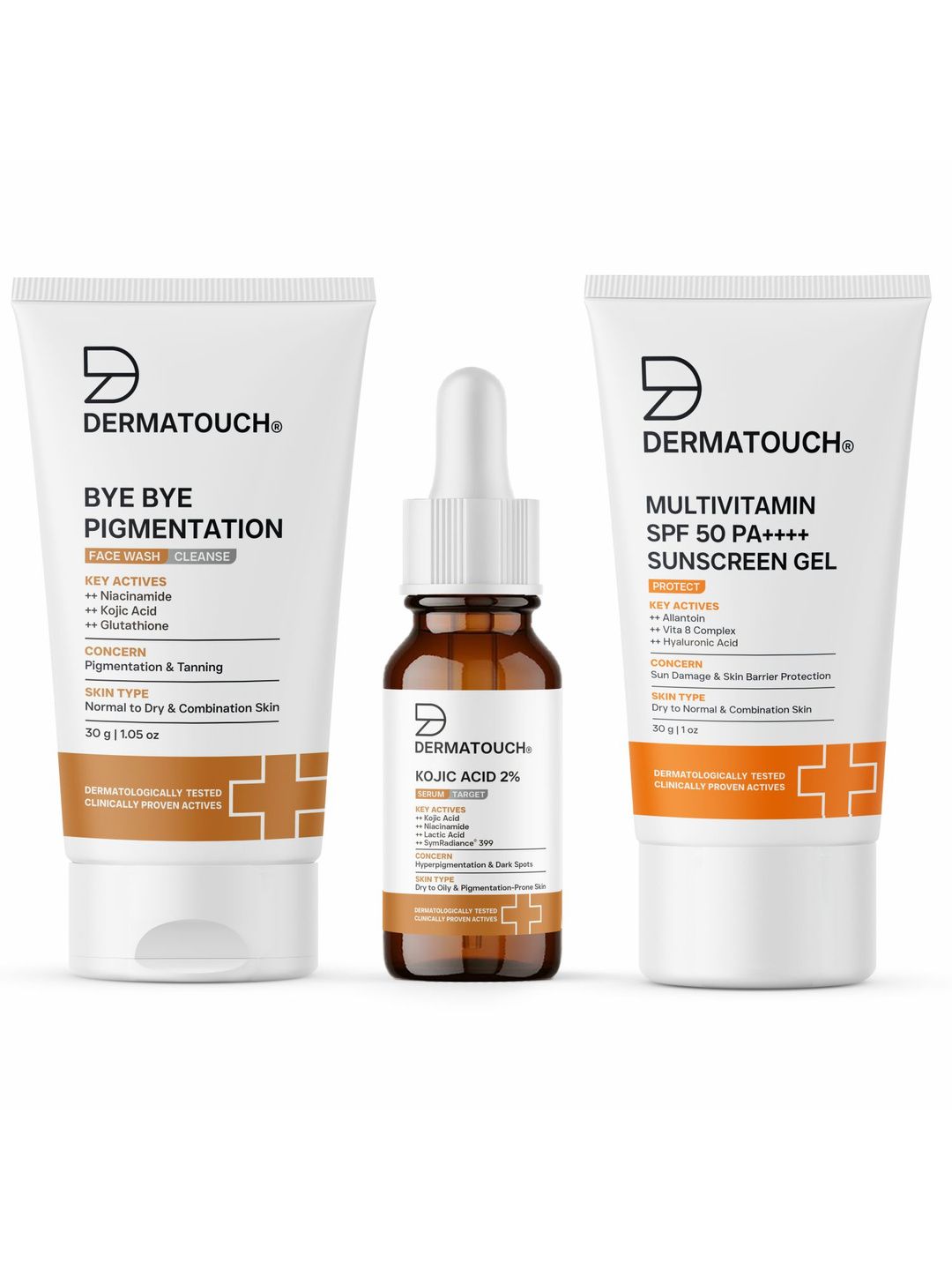 Buy Dermatouch Set Of 3 Bye Bye Pigmentation Face Wash, Kojic Acid Serum & Sunscreen Gel -  - Personal Care for Unisex