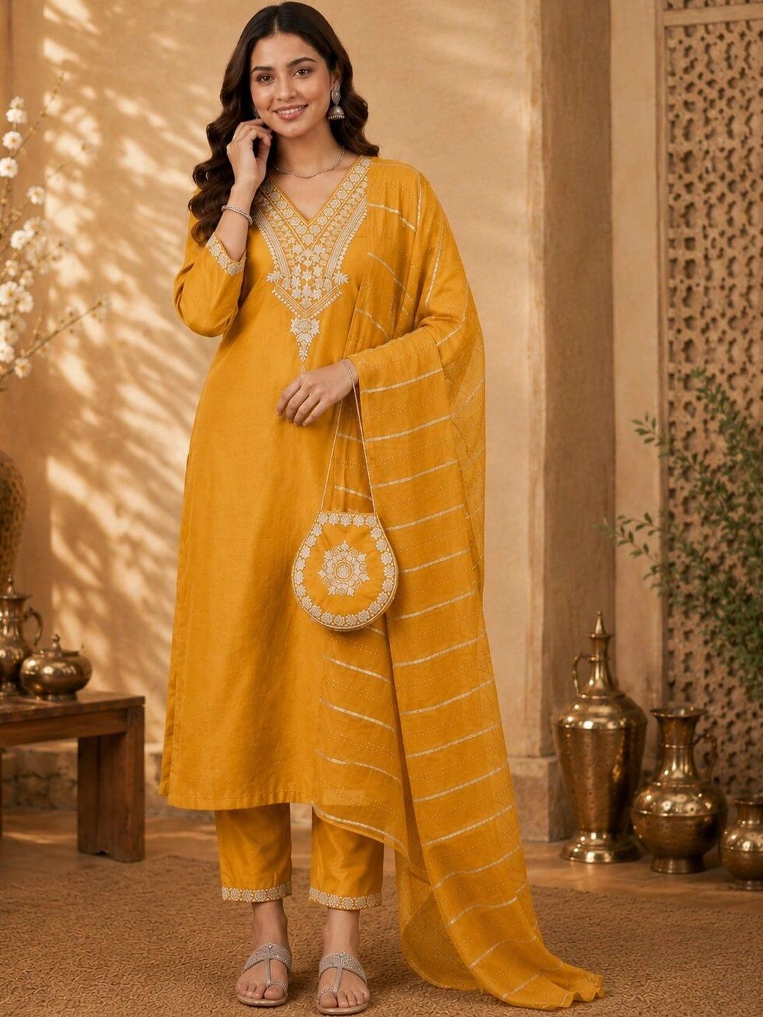 Women Ethnic Motifs Embroidered Regular Thread Work Pure Cotton Kurta with Trousers & With Dupatta 5