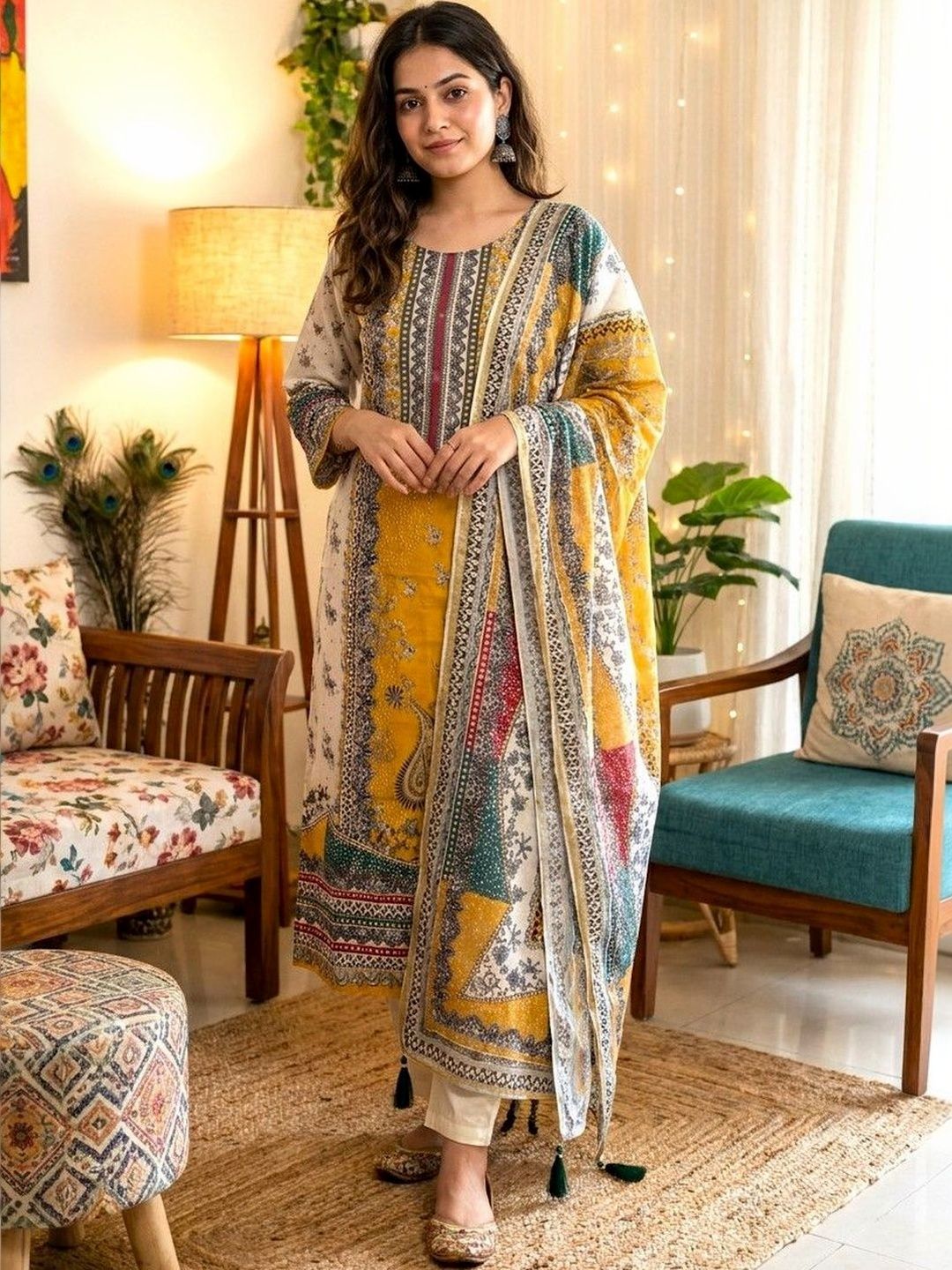 Anouk Women Paisley Printed Regular Mirror Work Pure Cotton Kurta with Trousers & With Dupatta