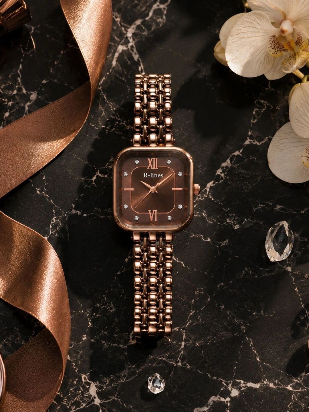 R-LINES Women Embellished Dial & Stainless Steel Bracelet Style Straps Analogue Watch RF-Brown 001