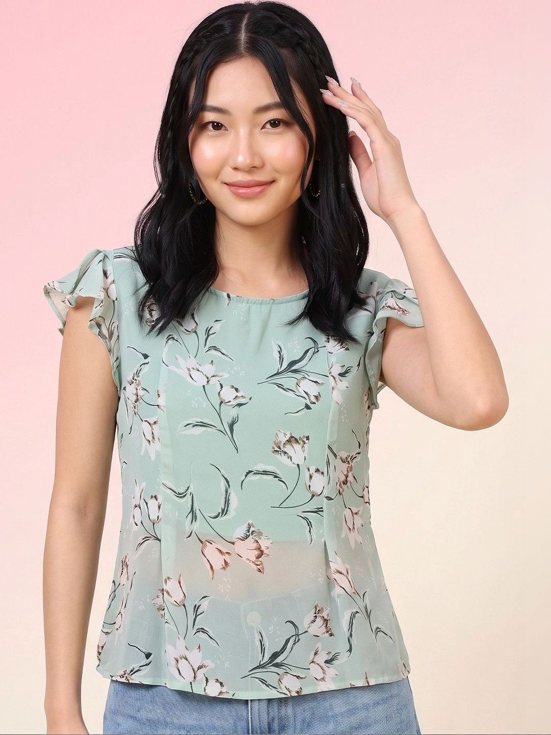DressBerry Floral Print Flutter Sleeve Georgette Top