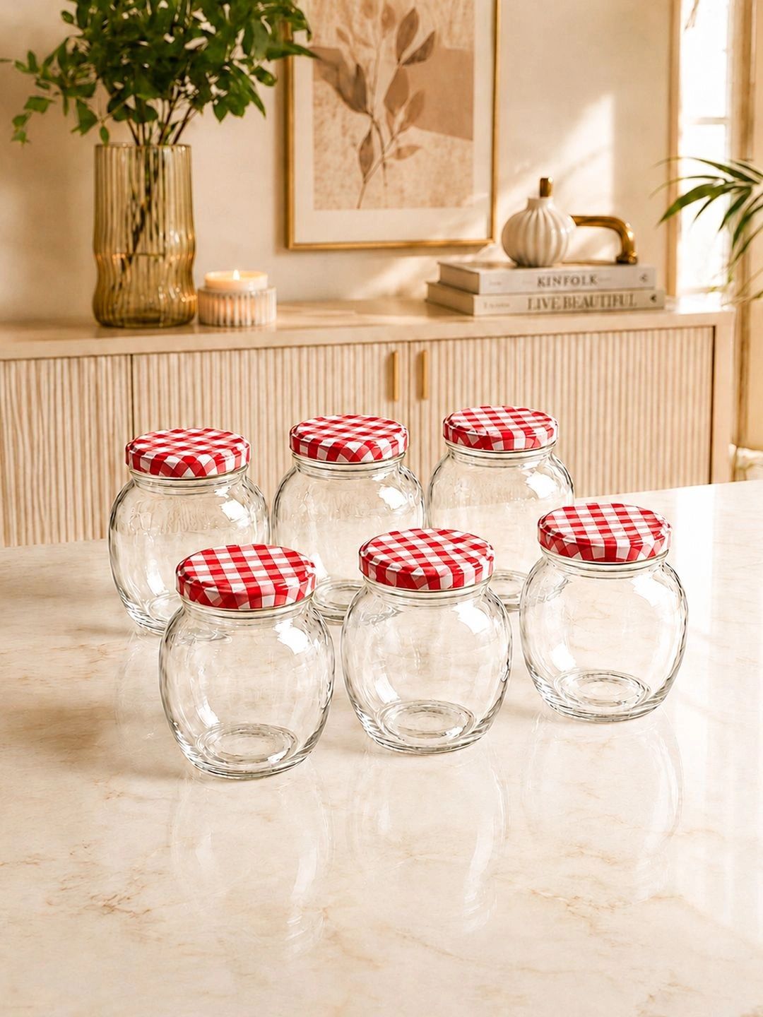 MARKET99 6 Piece Transparent Glass Container with Red Lid 375 ml Each