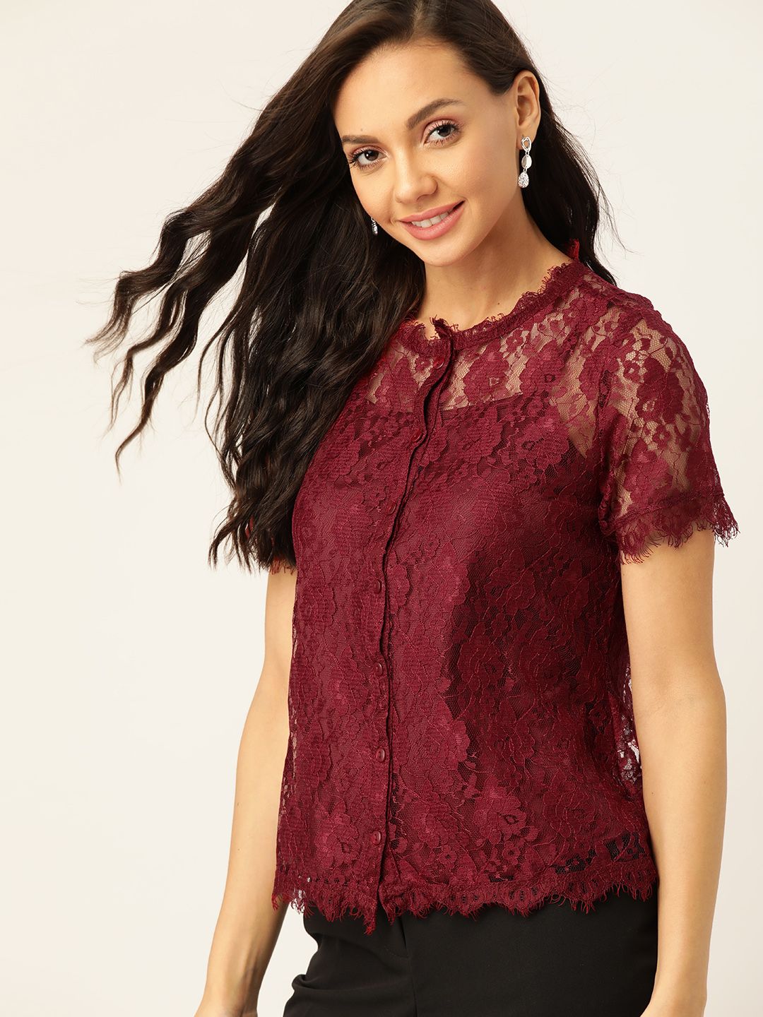 Maroon Self Design Lace Top With Slip 3