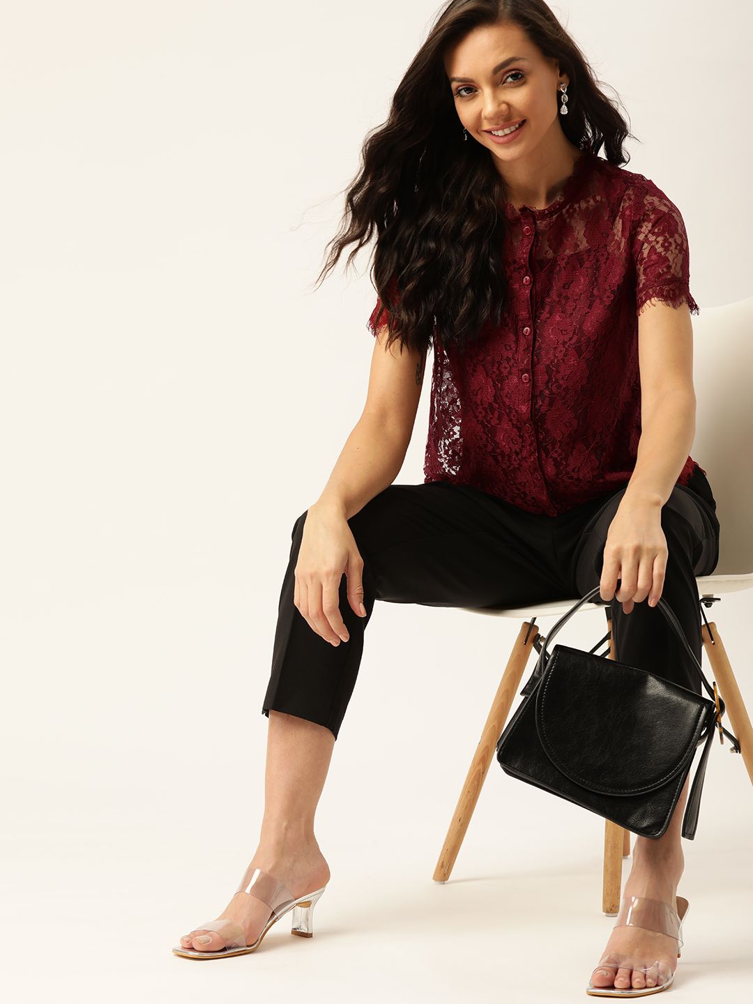 Maroon Self Design Lace Top With Slip 5