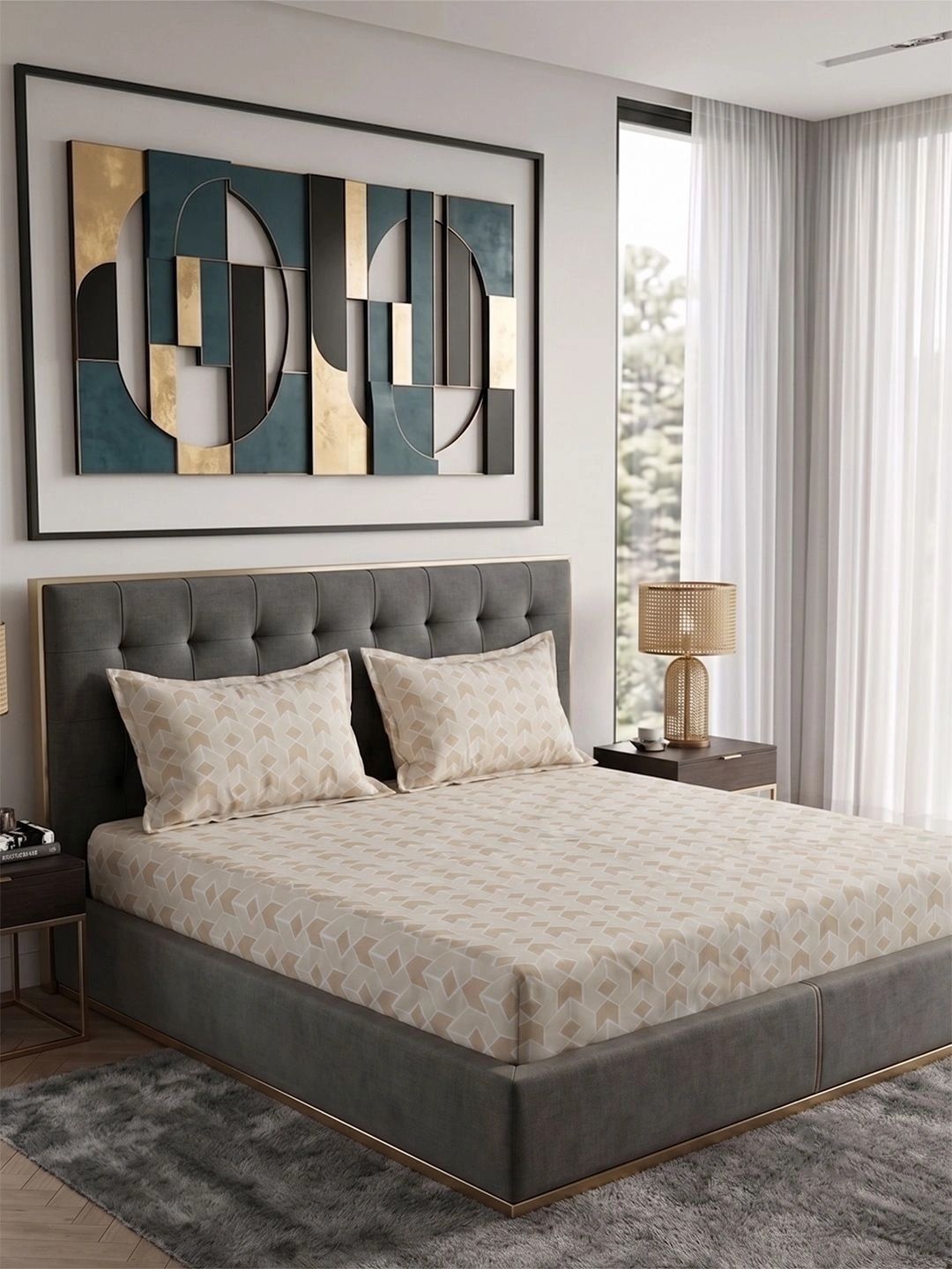 Myntra Elegant Homes Beige Geometric 300 TC King Bedsheet with 2 Pillow Covers