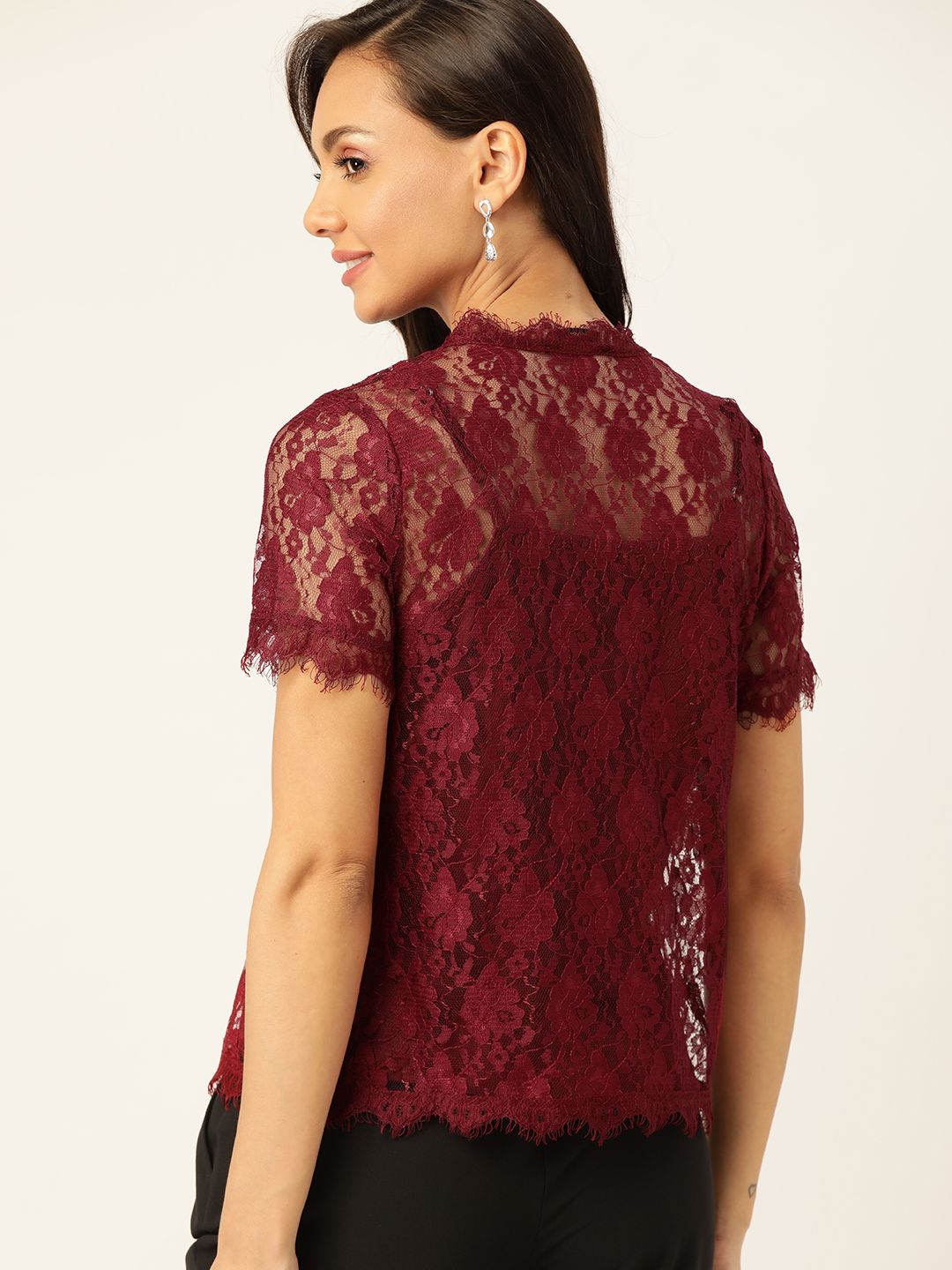 Maroon Self Design Lace Top With Slip 4