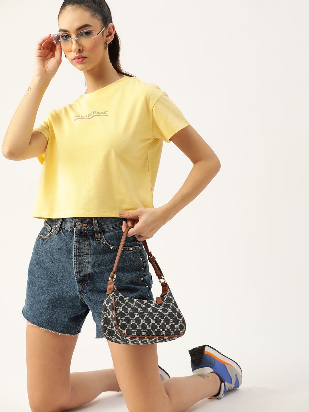 DressBerry Women Yellow Printed Detail Drop-Shoulder Sleeves Cropped T-shirt