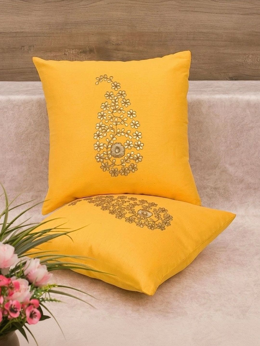 RoyalDeco Yellow & Gold Toned 2 Pieces Ethnic Motifs Silk Cushion Covers