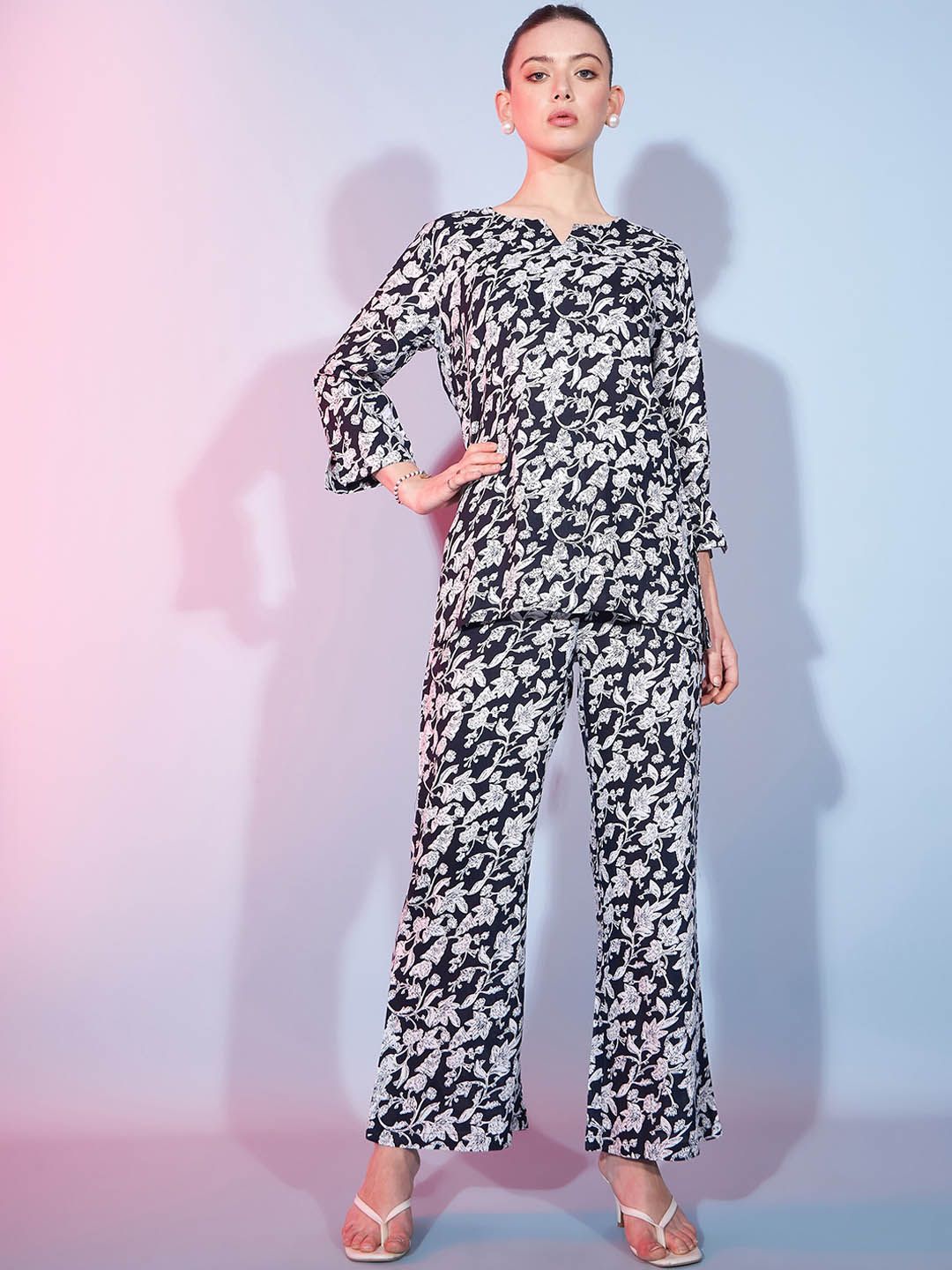 Buy DressBerry Navy Blue Printed Round Neck Tunic & Trouser Co Ords -  - Apparel for Women