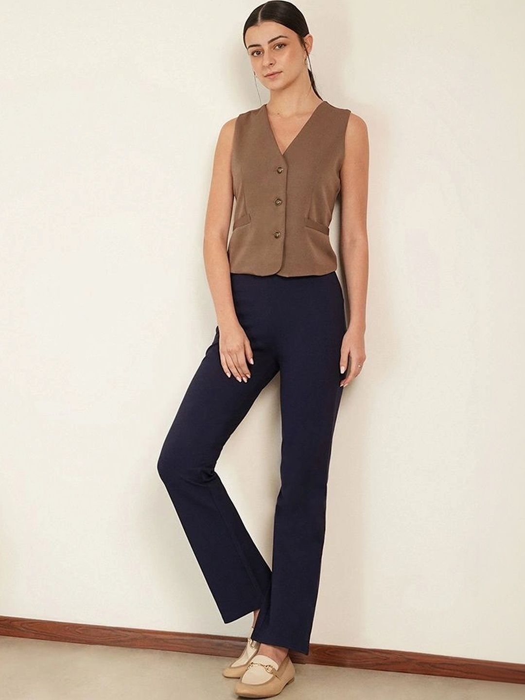 FABLE STREET Women Navy Blue LivIn Air High-Rise Bootcut Trousers