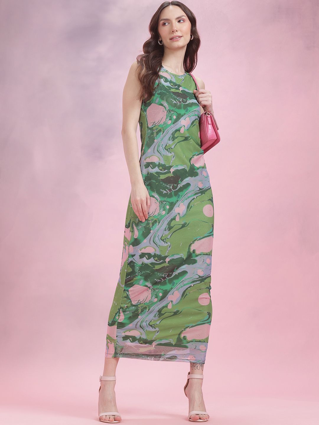 DressBerry Ruched Printed Mesh Maxi Dress