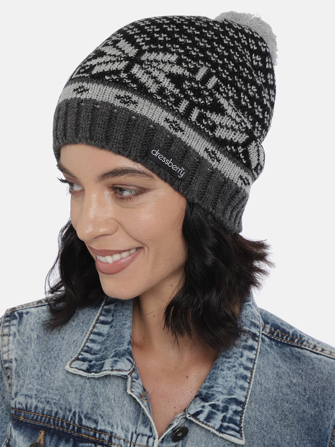 Buy DressBerry Women Black & Grey Self Design Beanie -  - Accessories for Women