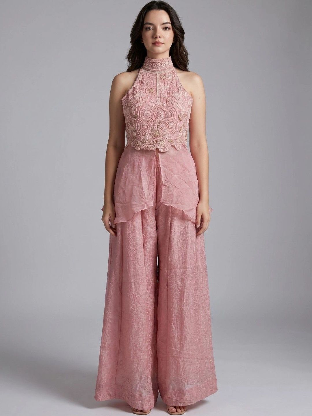 Muzaro ethnics Women Ethnic Motifs Embroidered Regular Beads and Stones Top with Palazzos