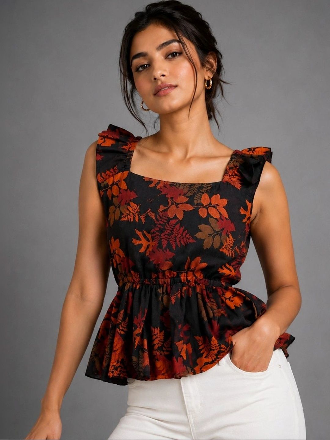 Sana Vista Floral Print Ruffles Peplum Top