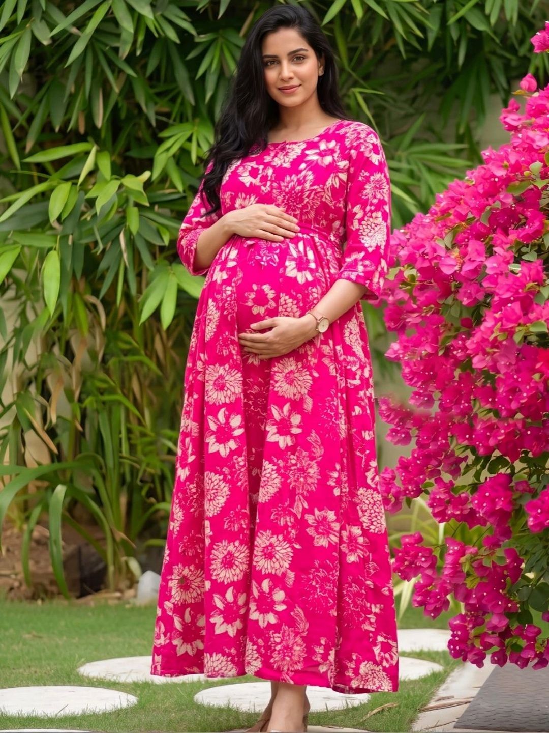 Asenne Floral Printed Soft Cotton Maternity A-Line Maxi Dress With Both Side Feeding Zip
