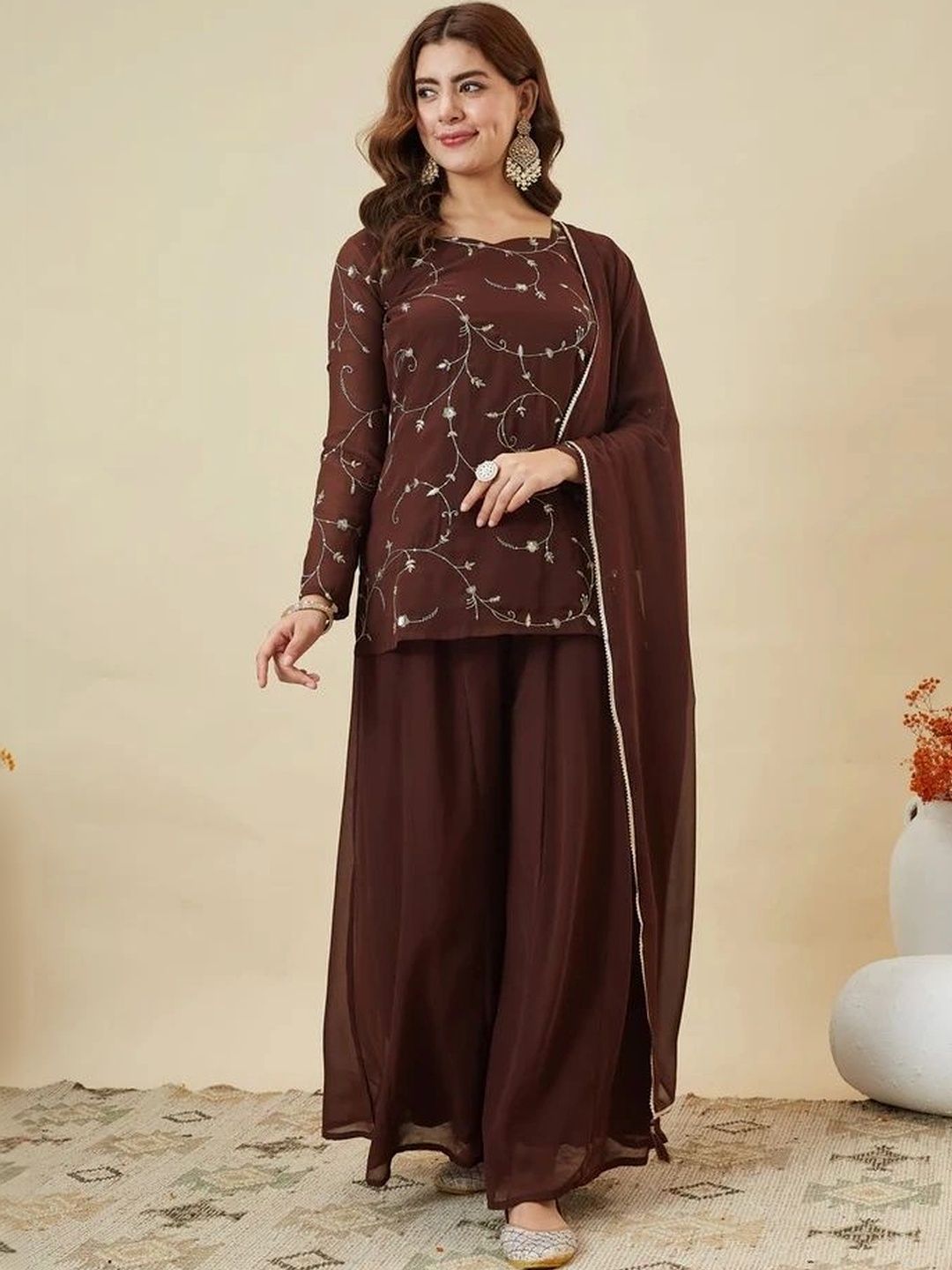 KRIVANSH STORE Floral Embroidered Boat Neck Thread Work Handloom Thread Work Kurti