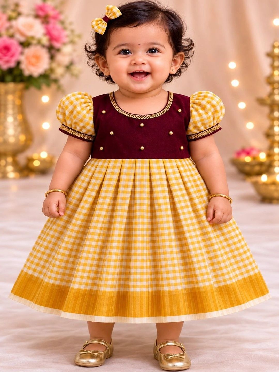 Girls Checked Round Neck A-Line Ethnic Dresses