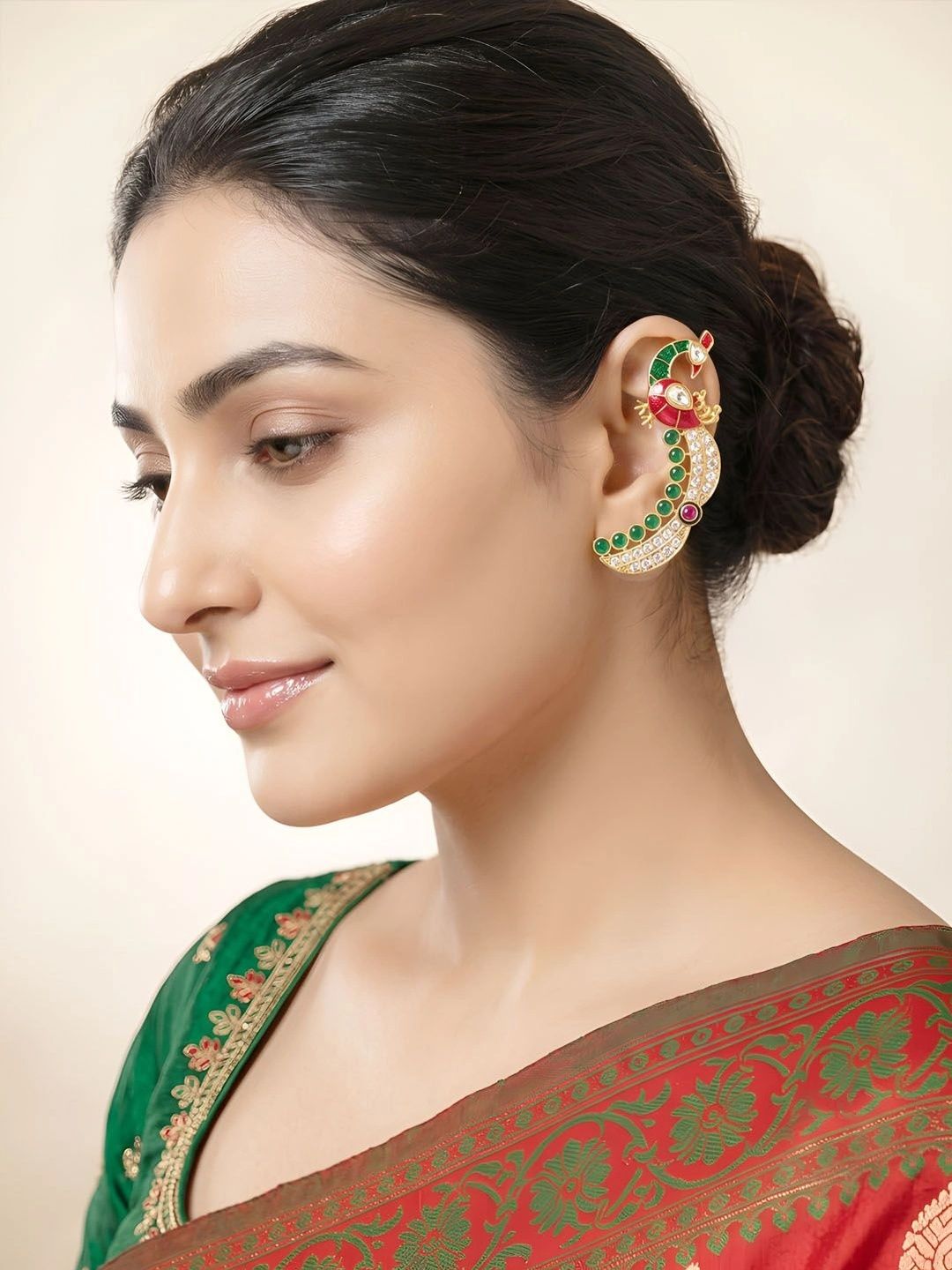 OZ Jewels Gold-Plated Kundan Polki Traditional Peacock Motif Statement Ear Cuff Earrings