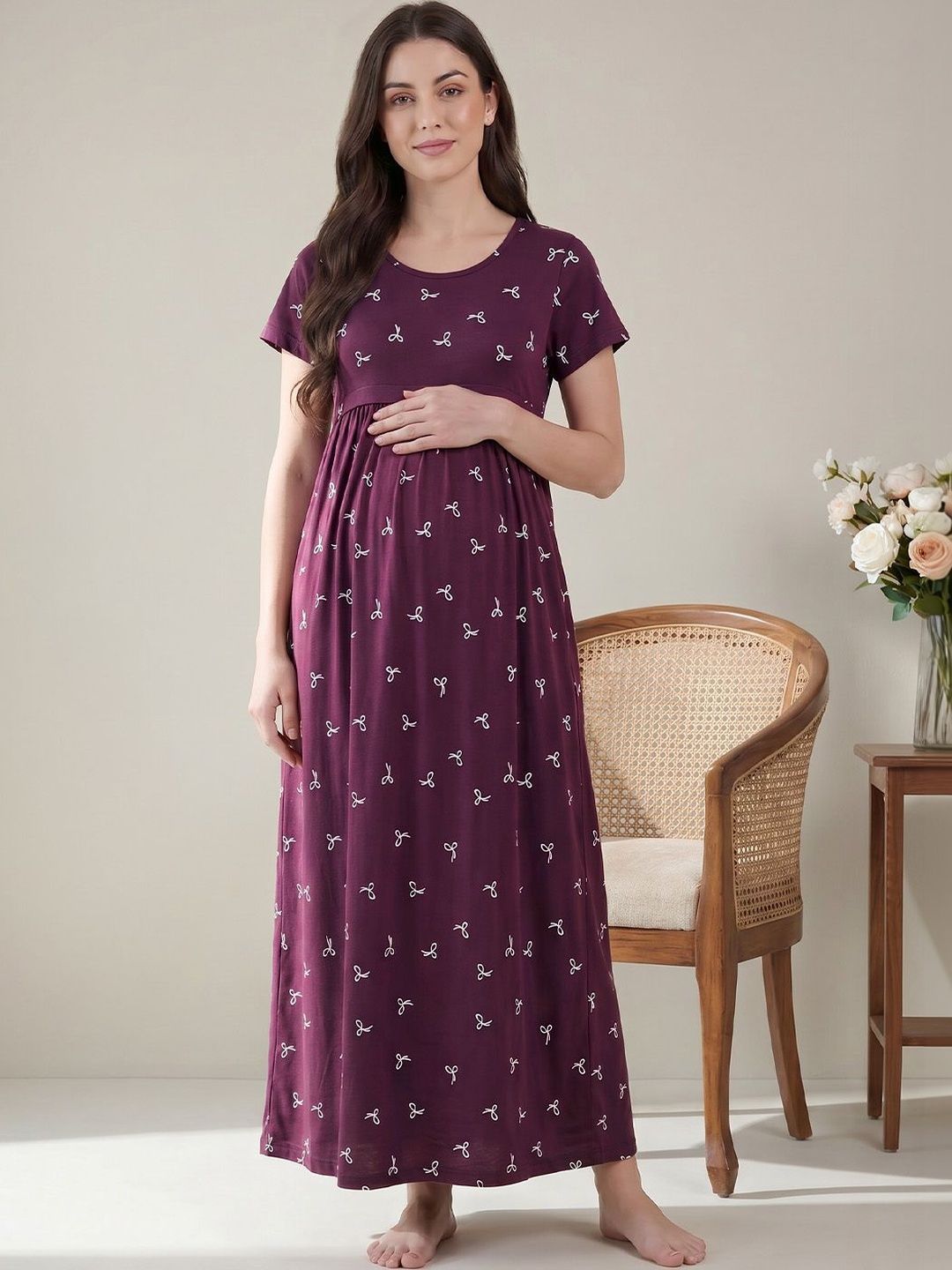 Secret Wish Printed Hosiery Maxi Maternity Nightdress