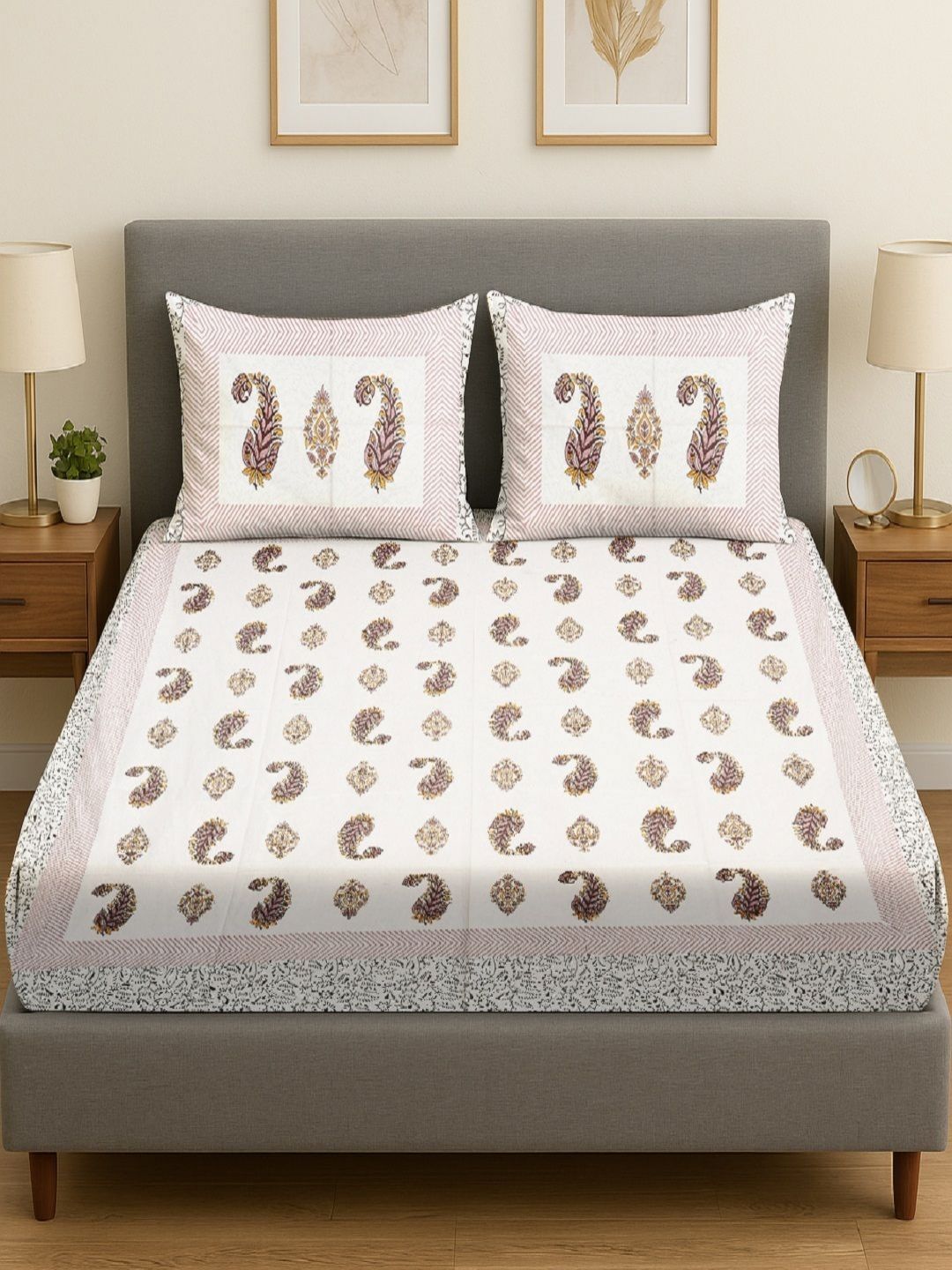 Myntra Elegant Homes Brown Paisley Cotton Breathable 300 TC King Fine Bedsheet with 2 Pillow Covers-274 x 228 cm