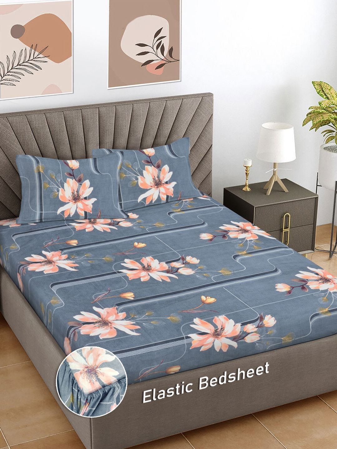 Myntra Elegant Homes Grey & Pink Floral 300 TC Fitted Double King Bedsheet Set-2.5mX2.25m