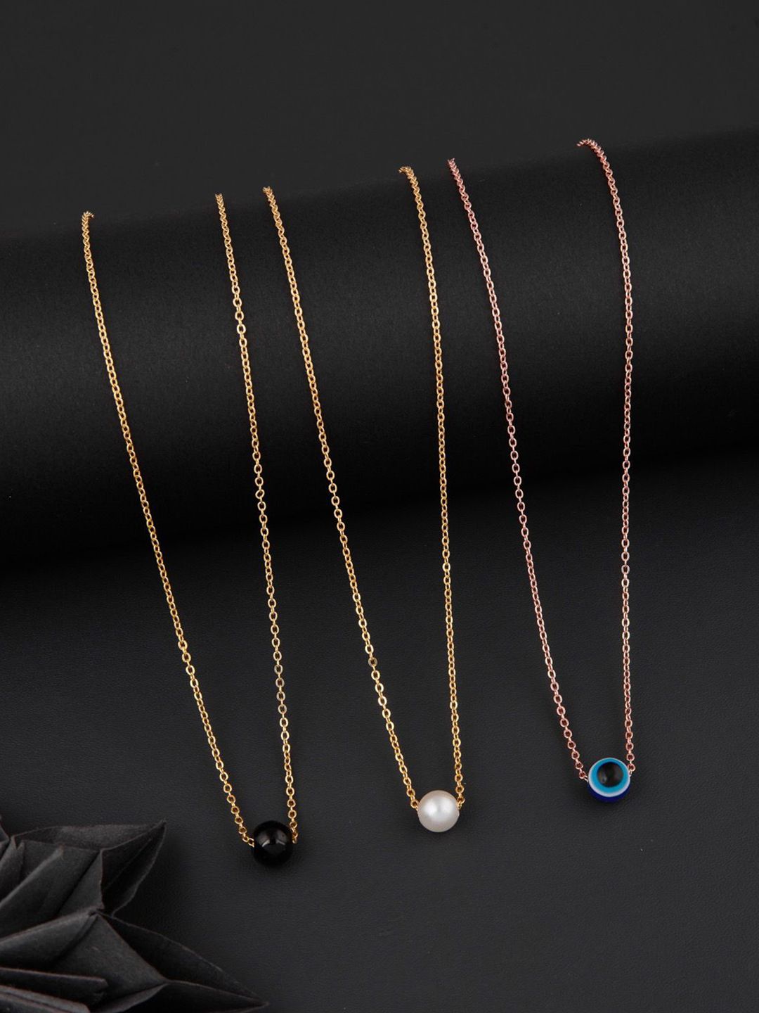 DressBerry Set Of 3 Silver Toned Gold-Plated Artificial Beads Feather Chains