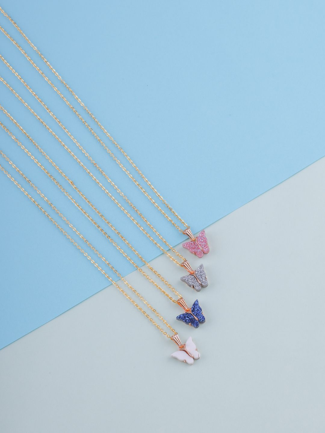 DressBerry Set Of 4 Gold-Plated Sparkling Butterfly Pendant With Chain