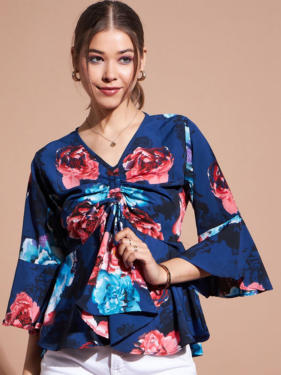 DressBerry Women Floral Printed Bell Sleeves V-Neck Top