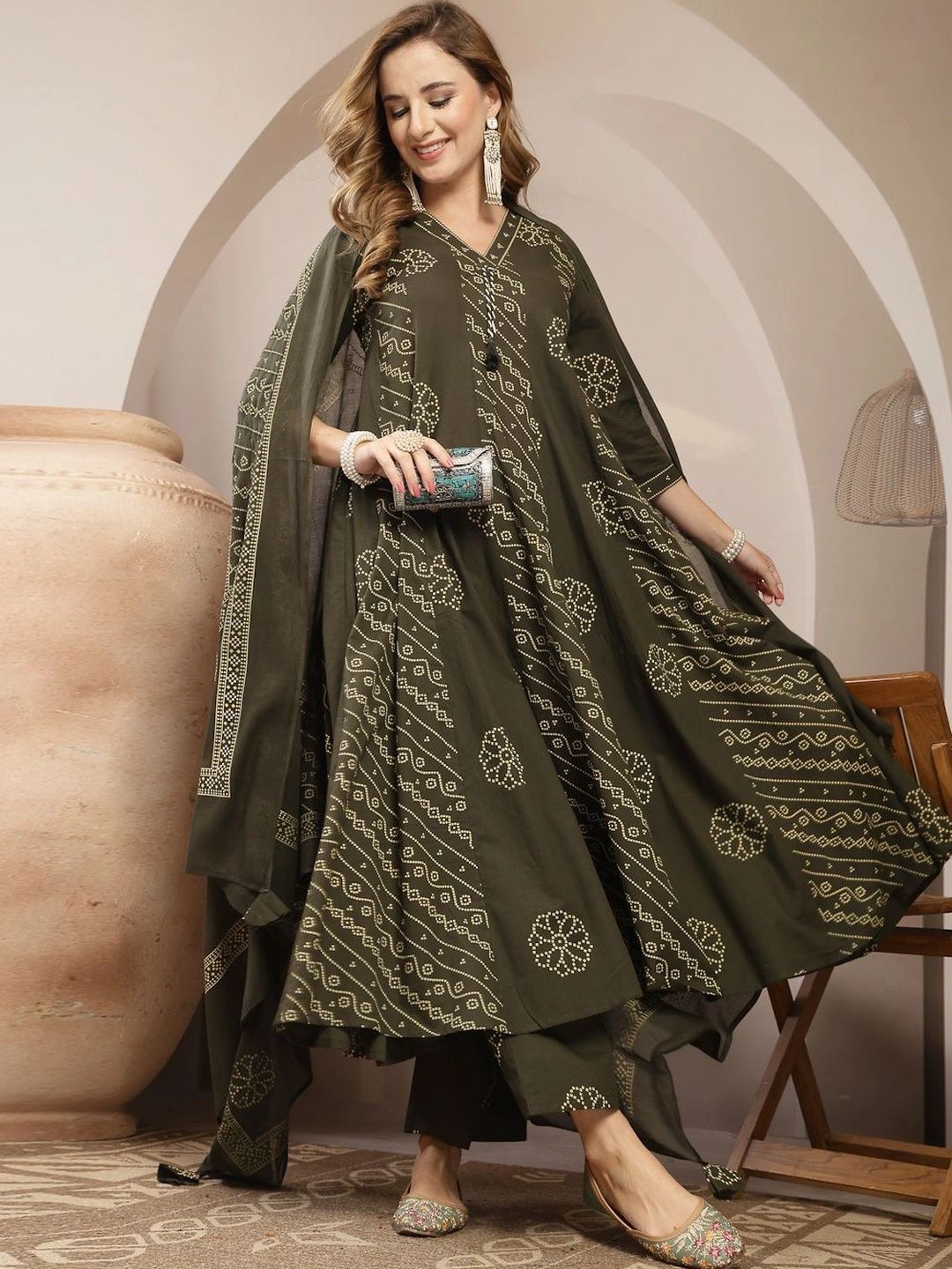 Sangria Women Bandhani Printed Regular Kurta with Palazzos & With Dupatta