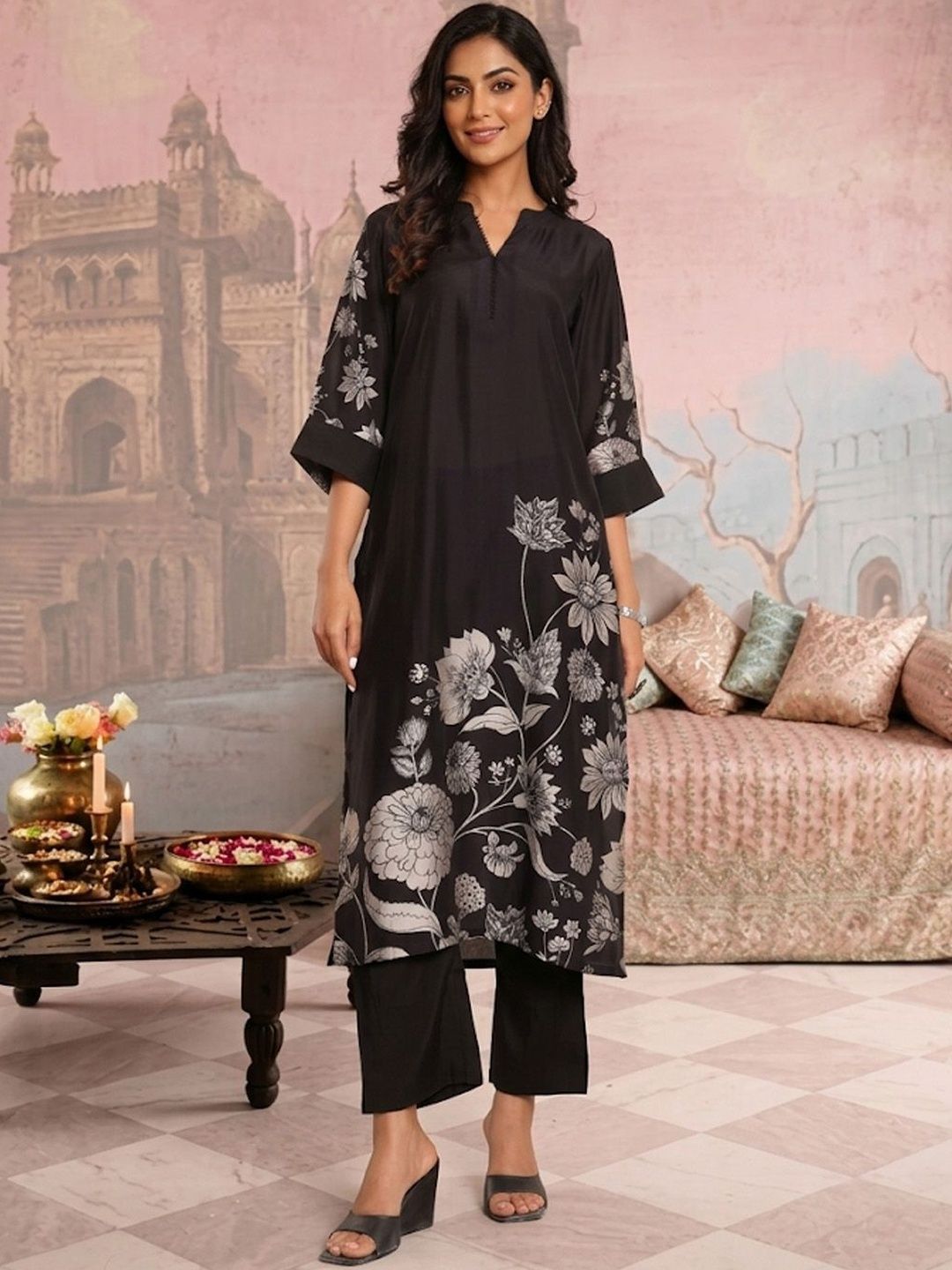 Sangria Printed Mandarin Collar Kurta & Trousers