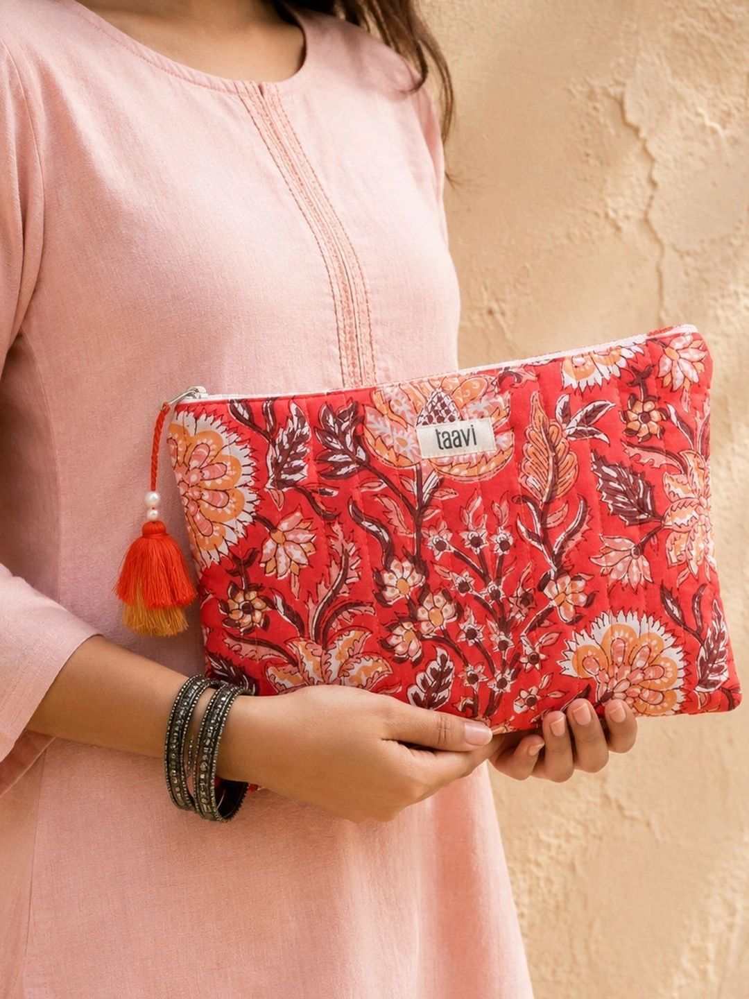 Taavi Floral Printed Handheld Bag with Tasselled