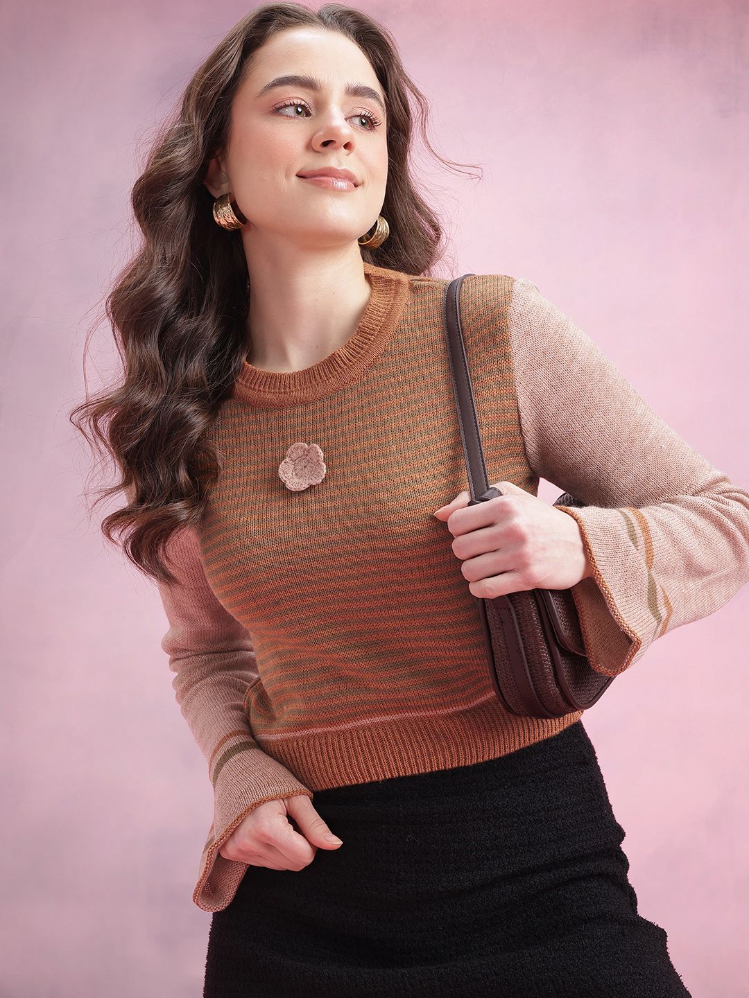 DressBerry Acrylic Striped Crop Pullover with Applique Detail