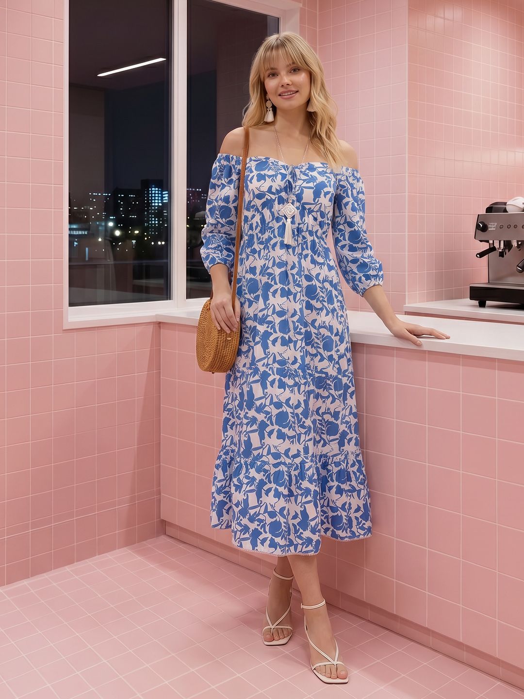 DressBerry Floral Printed Off-Shoulder Puff Sleeve A-Line Midi Dress