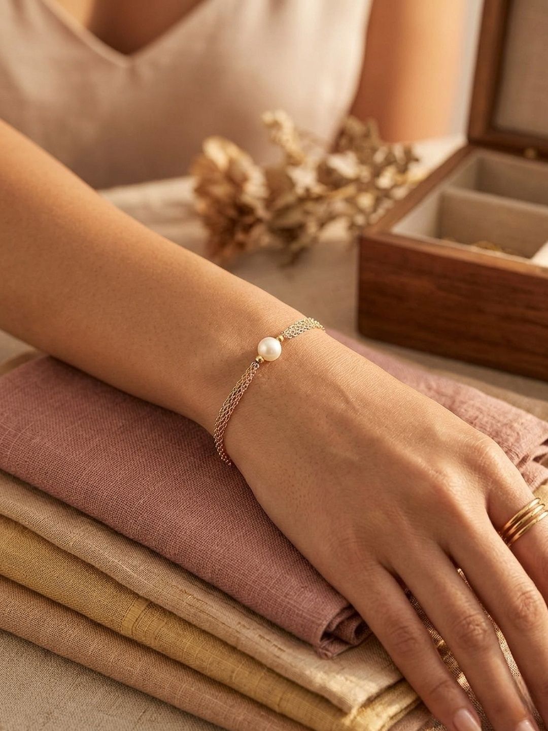DressBerry Gold-Plated Pearls Beaded Tri-Tone Multistrand Bracelet