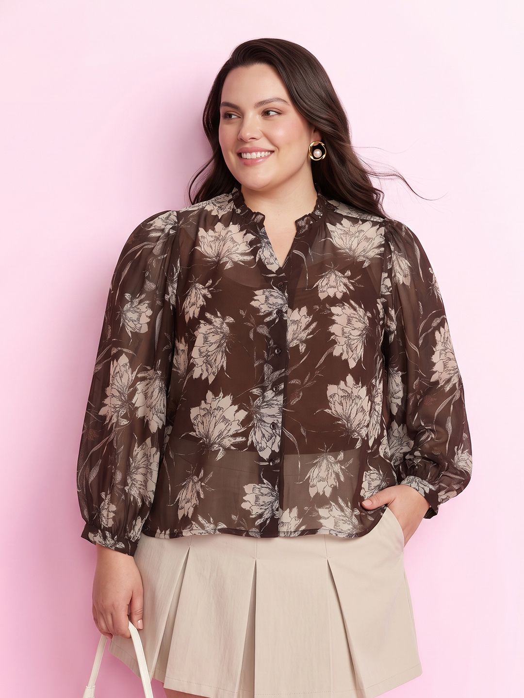 Plus Size Floral Printed Shirt Style Top