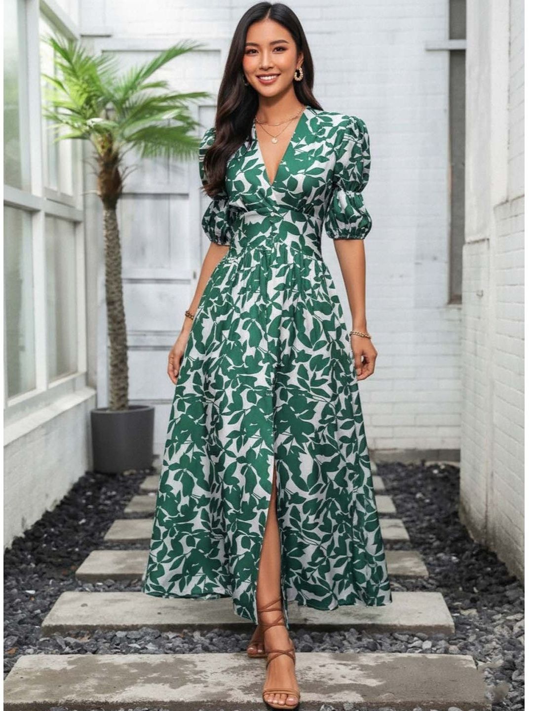 DressBerry Floral Print Puff Sleeve Maxi Dress