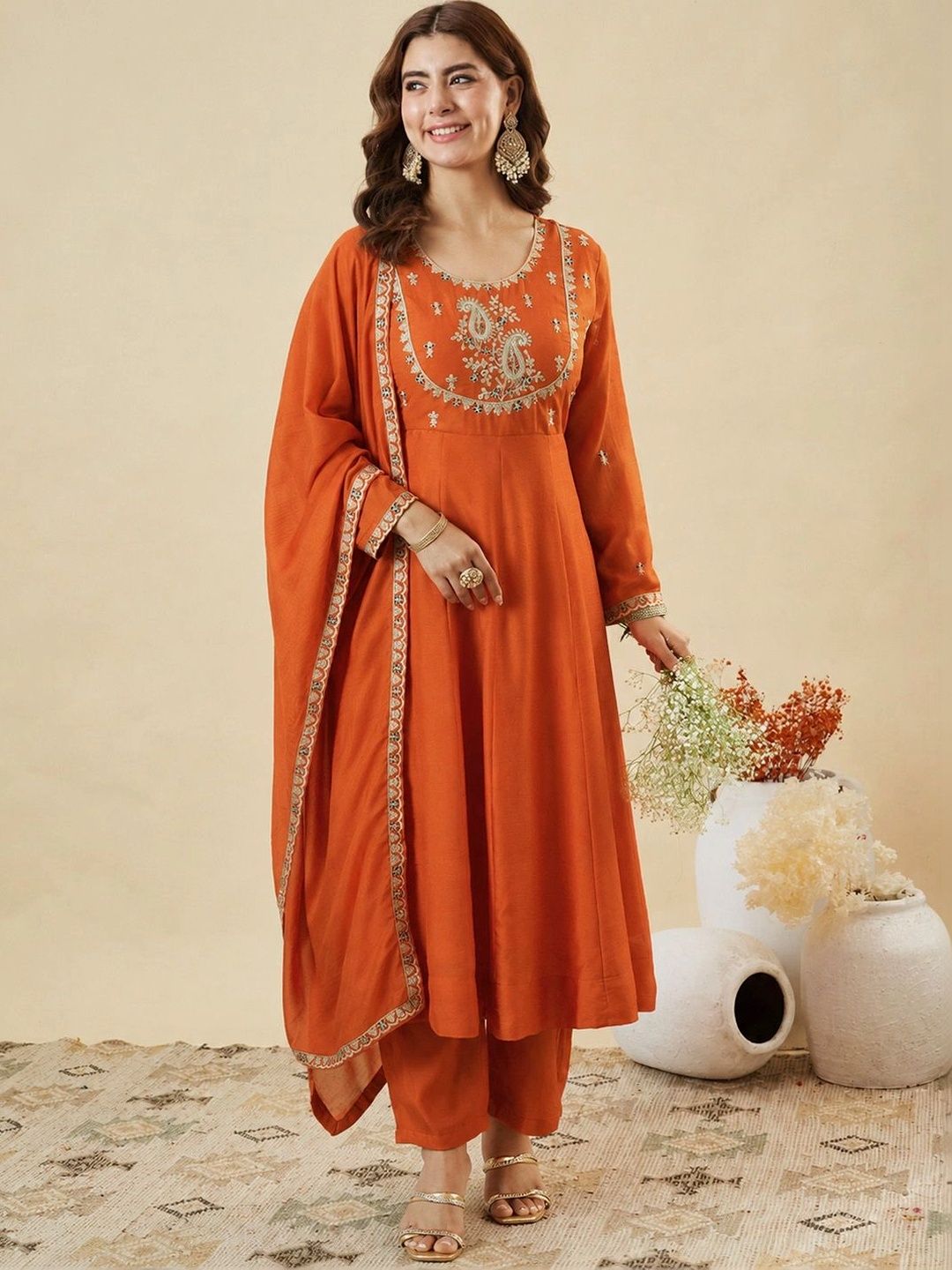 Sangria Women Ethnic Motifs Embroidered Empire Thread Work Kurta with Trousers & With Dupatta