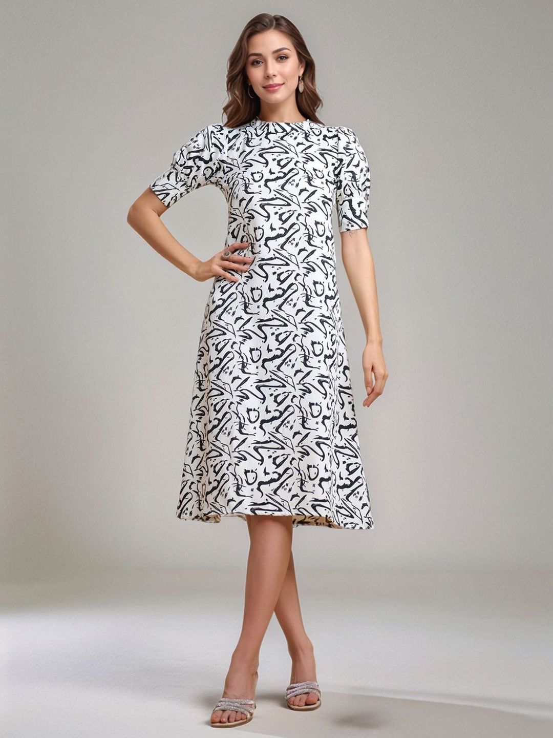 DressBerry Women Printed Puff Sleeves Satin A-Line Dress