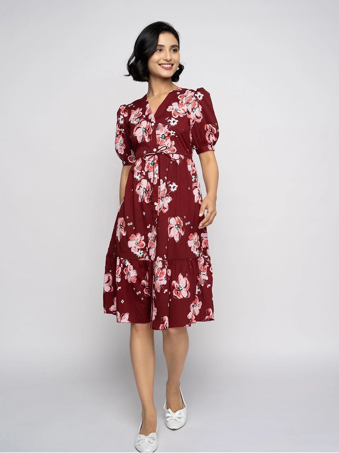 DressBerry Women Floral Printed Puff Sleeves Tiered A-Line Midi Dress Comes with a belt
