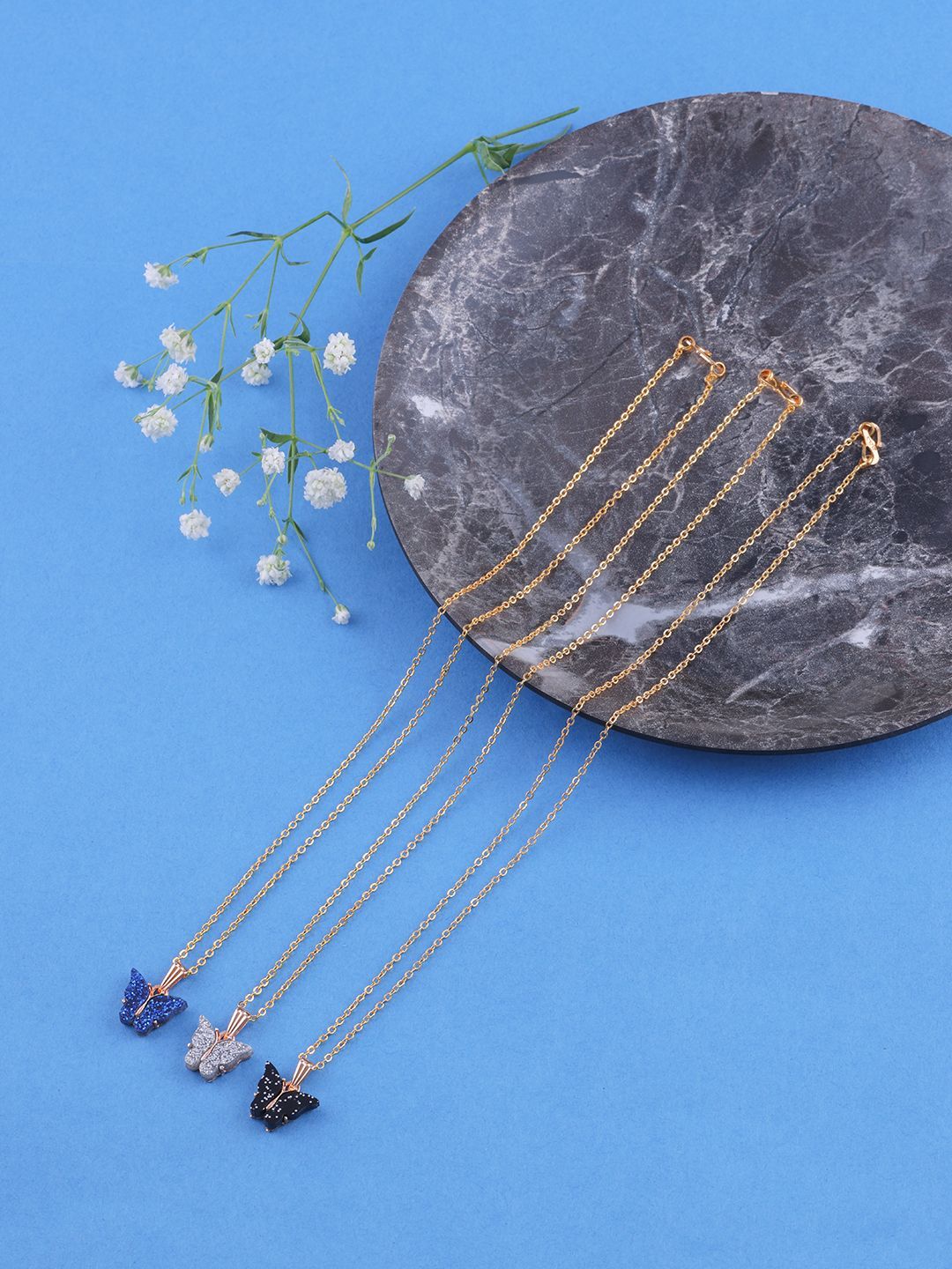 DressBerry Set Of 3 Gold-Plated Sparkling Butterfly Pendants With Chains