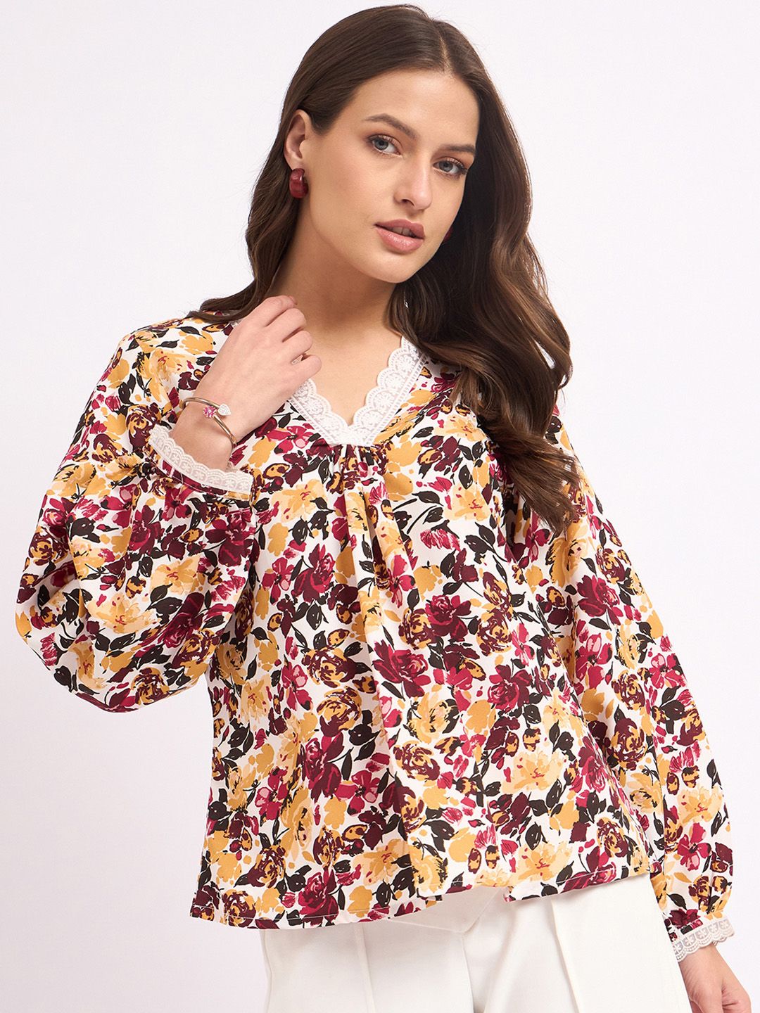 DressBerry Floral Print Puff Sleeve Crepe Top